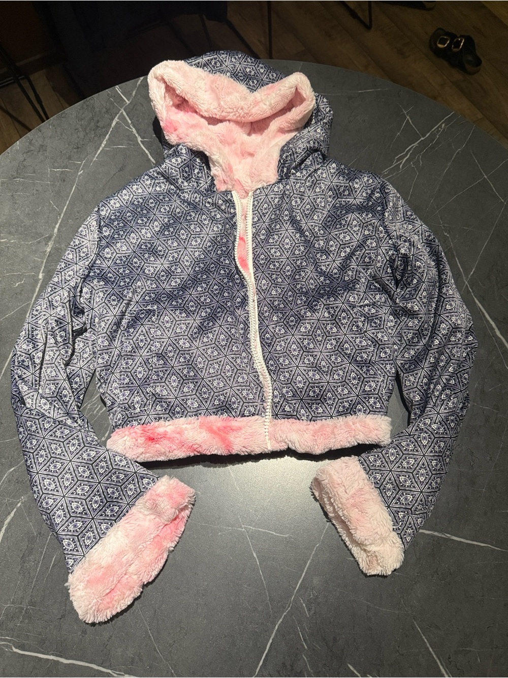 Blue Hooded Festival Jacket with Pink Faux Fur Trim